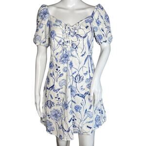 H&M Dress Womens 4 White Blue Floral Flower Fit &‎ Flare Puff Sleeve Cottagecore